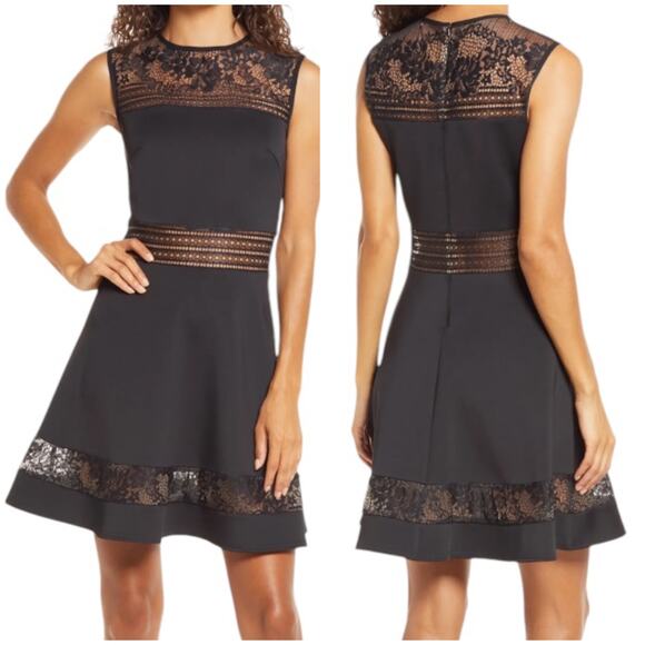 SHO by Tadashi Shoji NWOT Lace Trim Fit & Flare Dress Black Size 10 Semi-Sheer - Picture 1 of 12